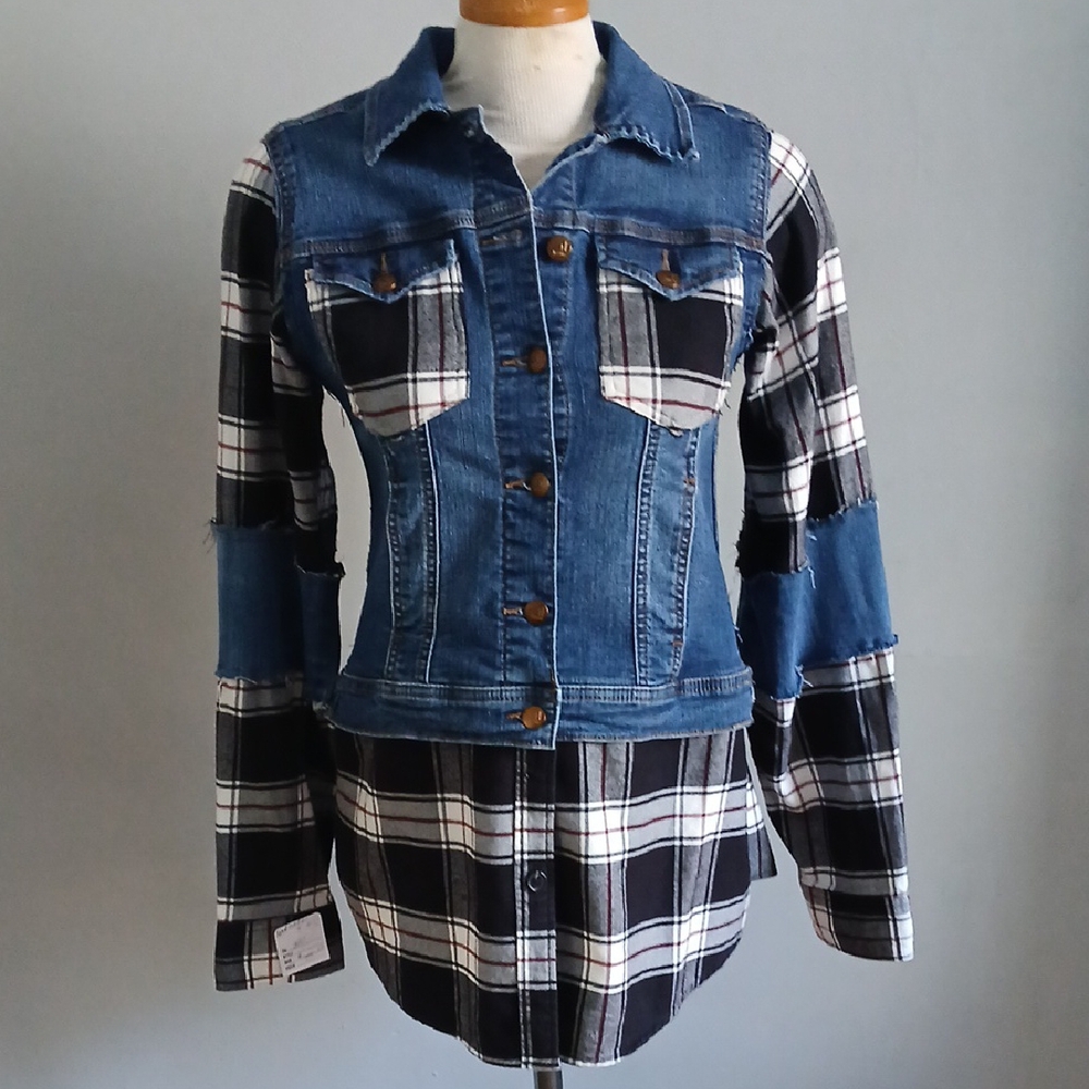 Denim and Plaid Women's Jacket Upsycled Size M ACDC Logo
